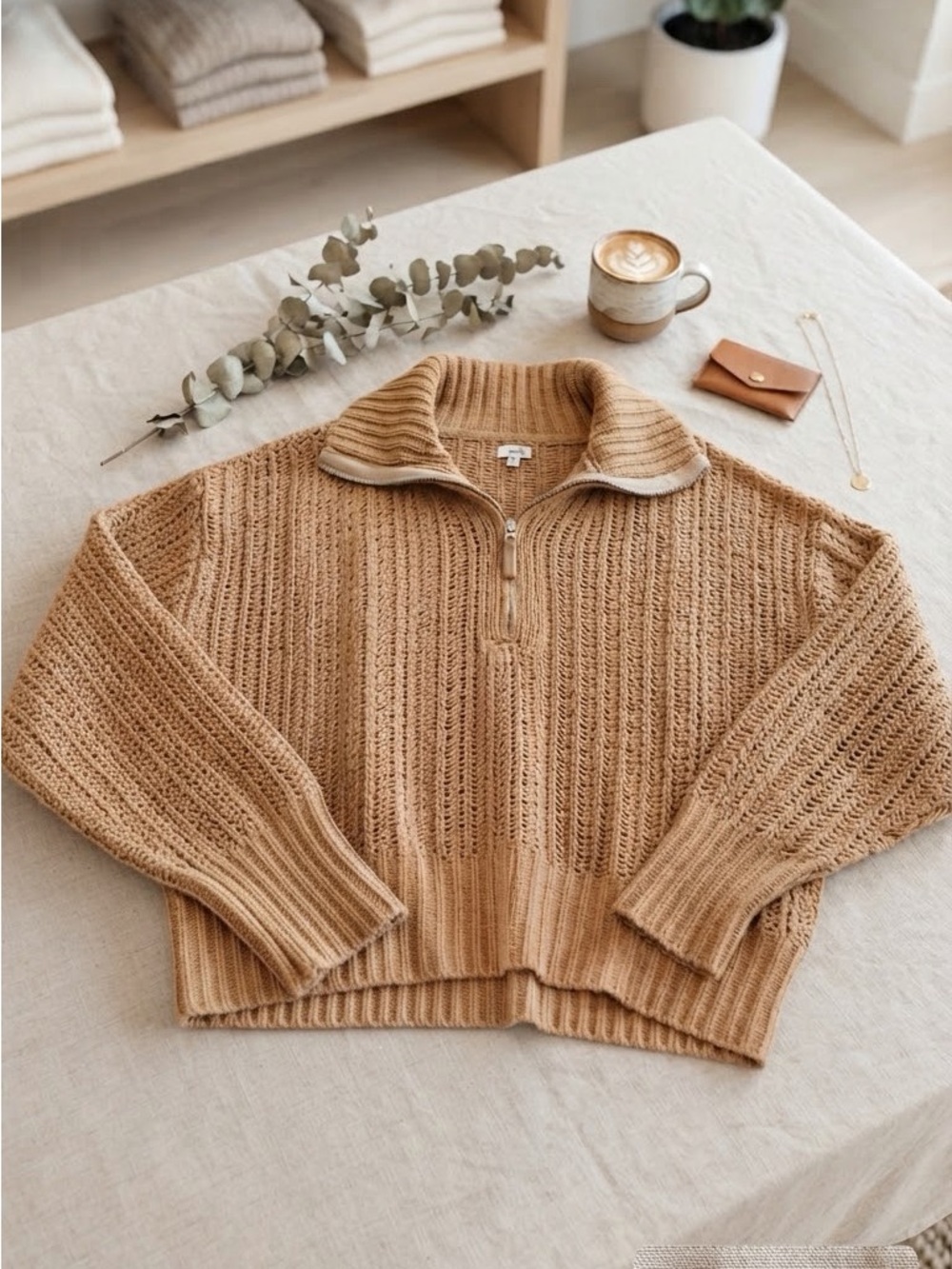aerie Half-Zip Ribbed Turtleneck Sweater - Camel